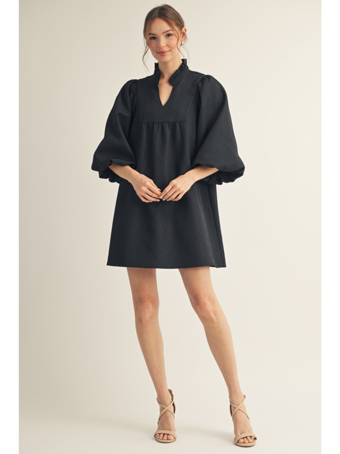Bishop Sleeve Ruffle Vneck Black Dress