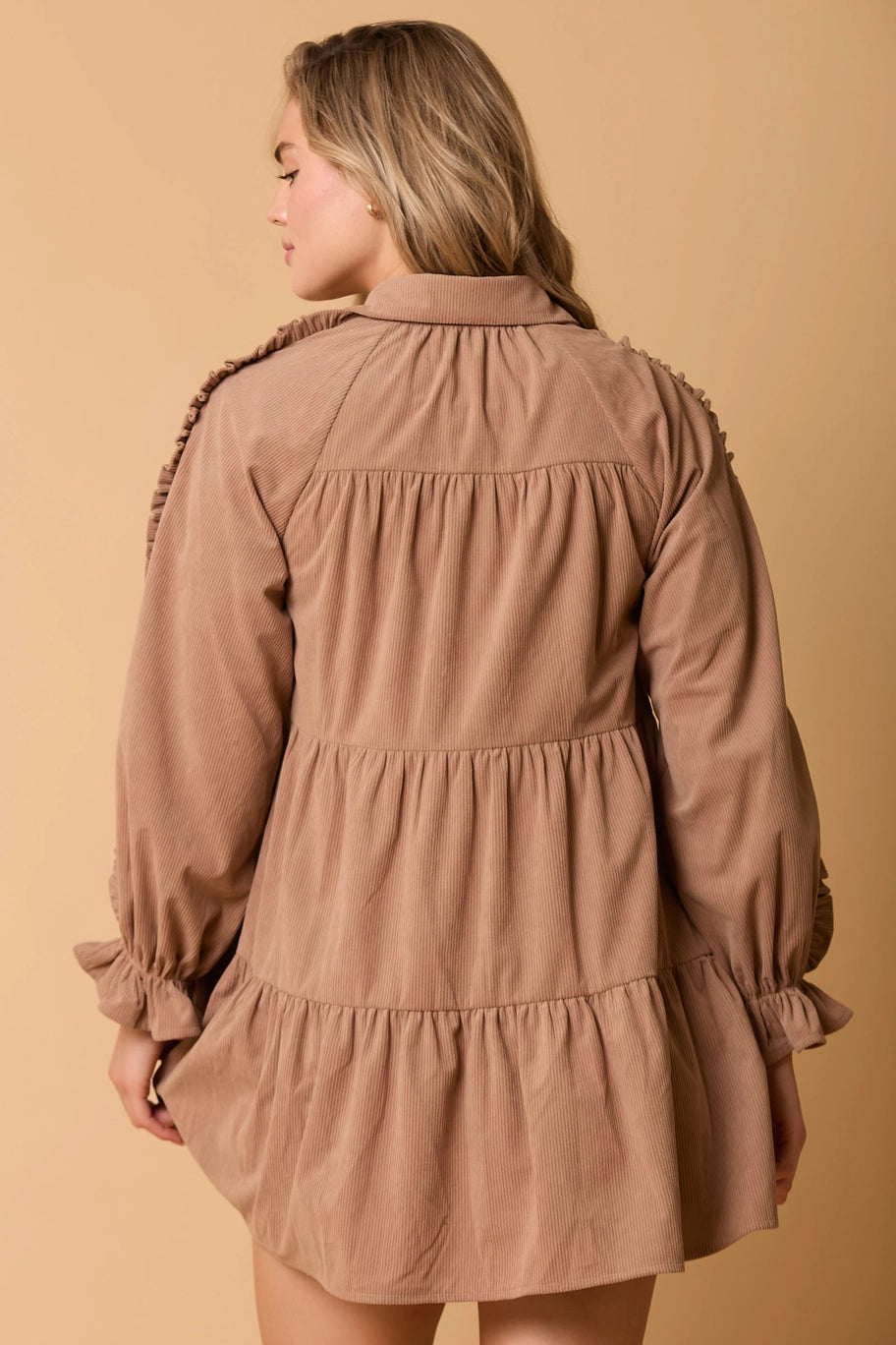 Corduroy Shirt Dress With Ruffle Sleeve