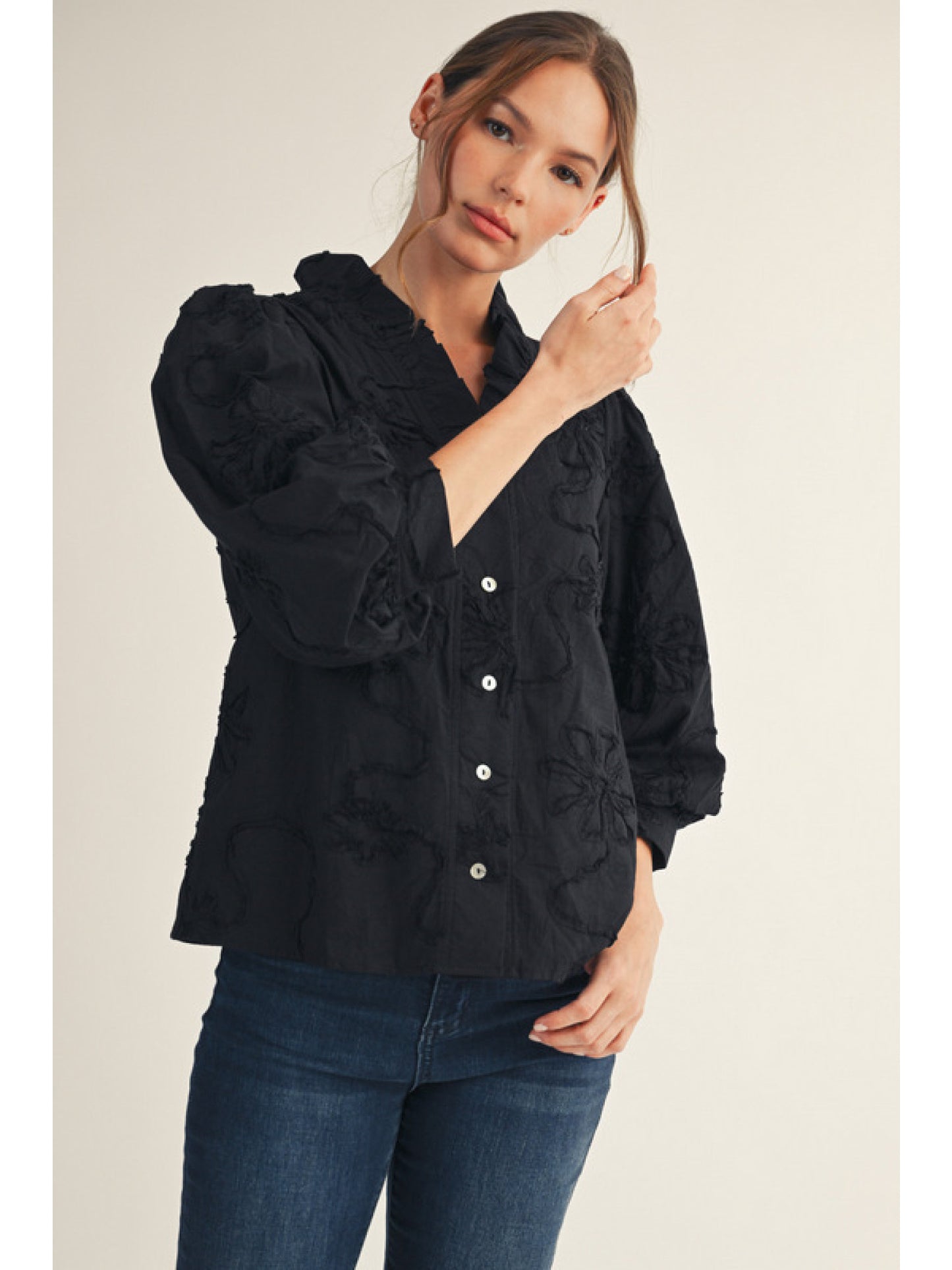 Solid Black Floral Embossed Long Sleeve Button Blouse