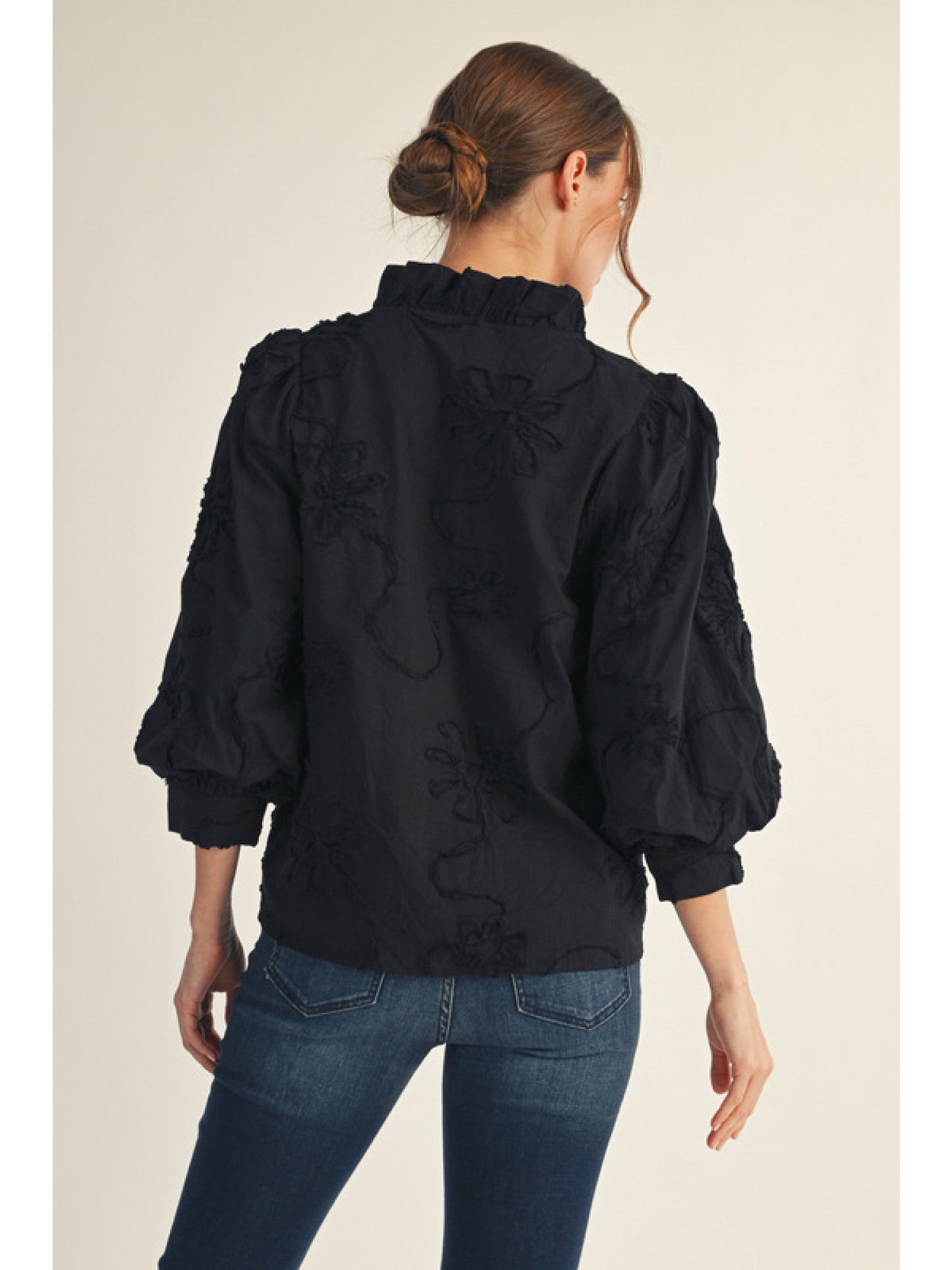 Solid Black Floral Embossed Long Sleeve Button Blouse