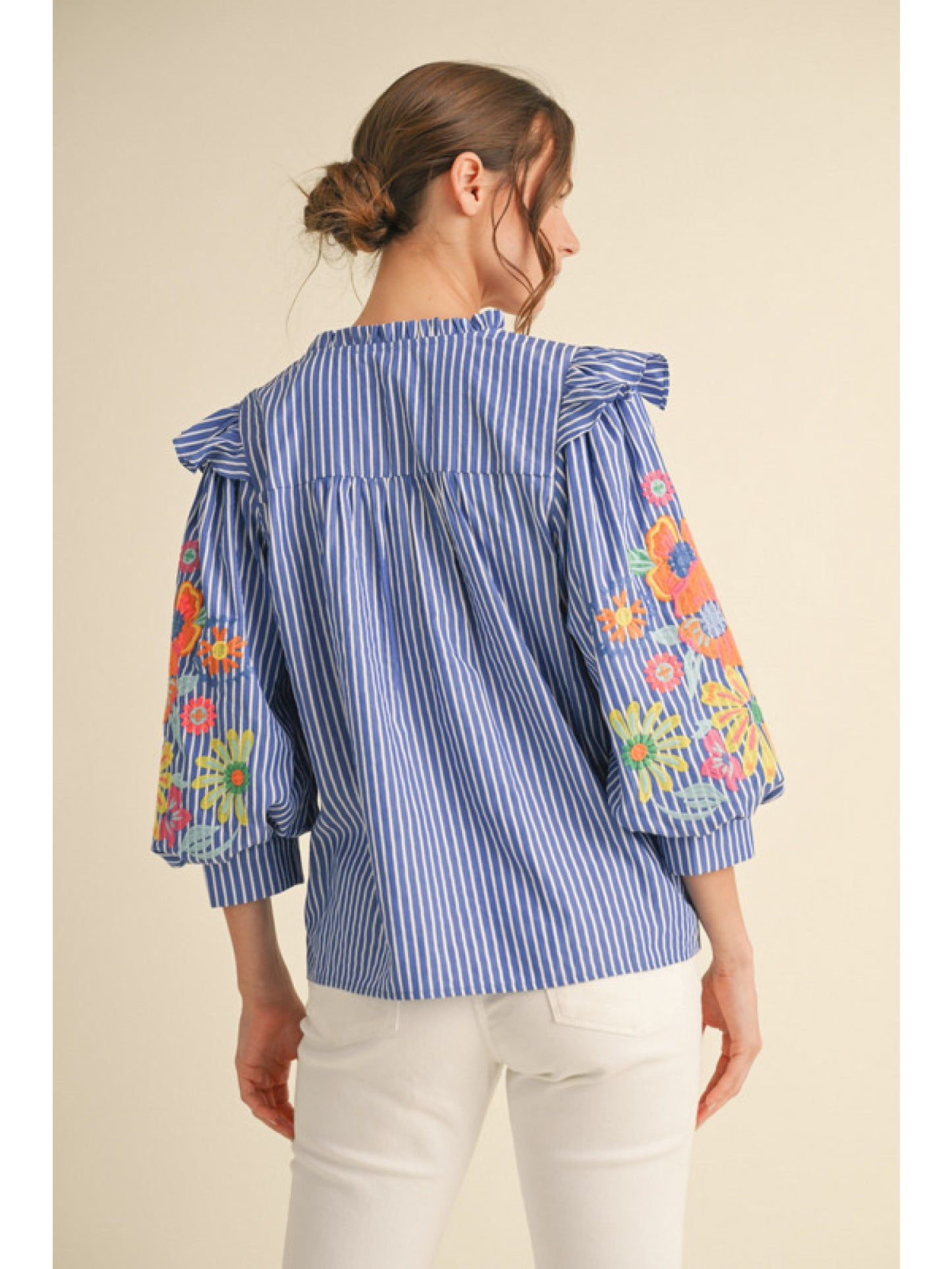 Blue Striped Blouse w/ embroider detail