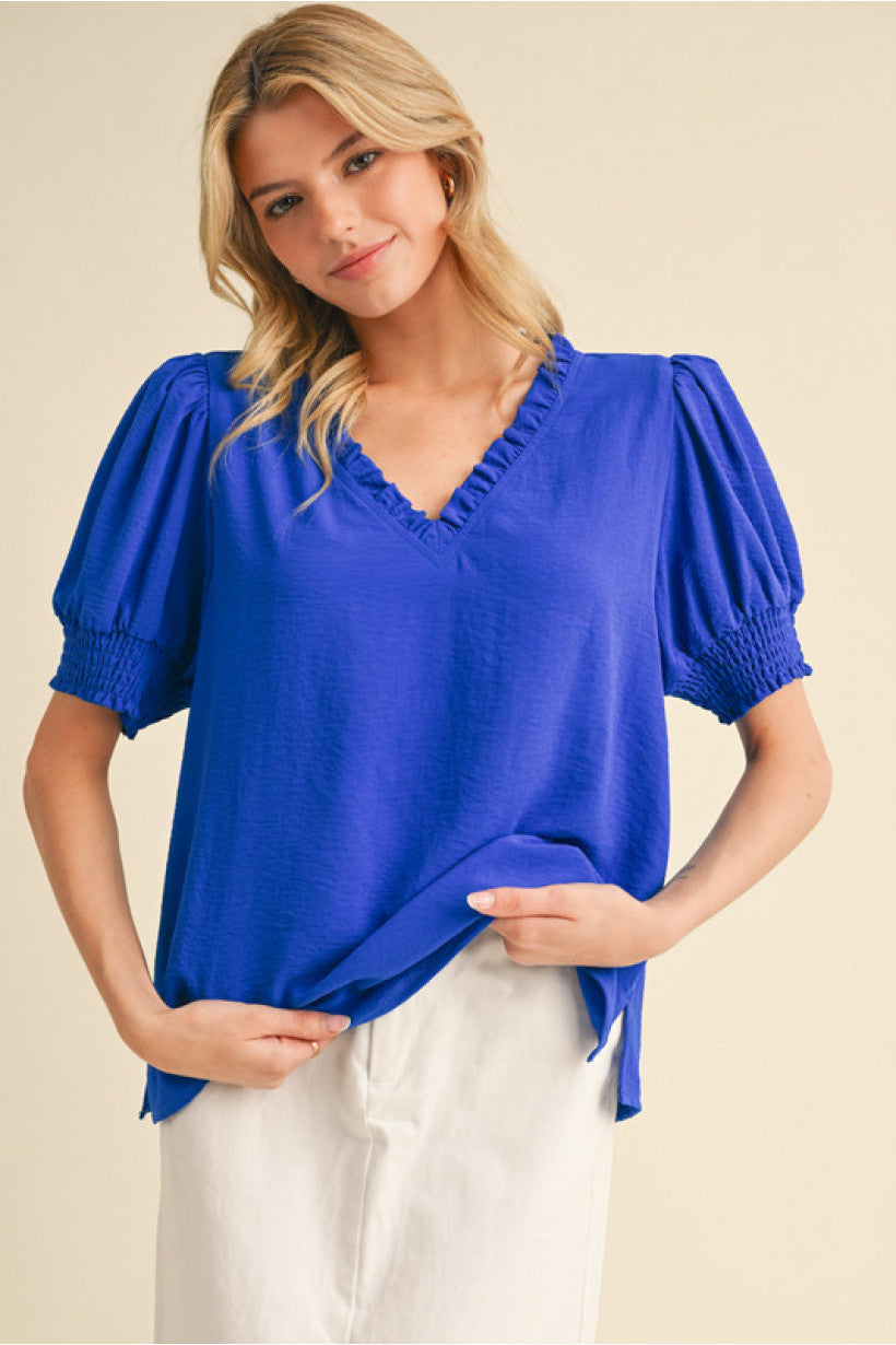 Ruffle Vneck Smock Sleeve Blouse