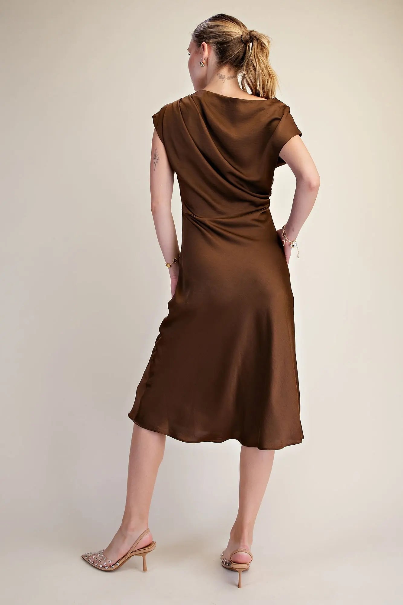 Brown Asymmetrical Dress Waist Tie Midi Length