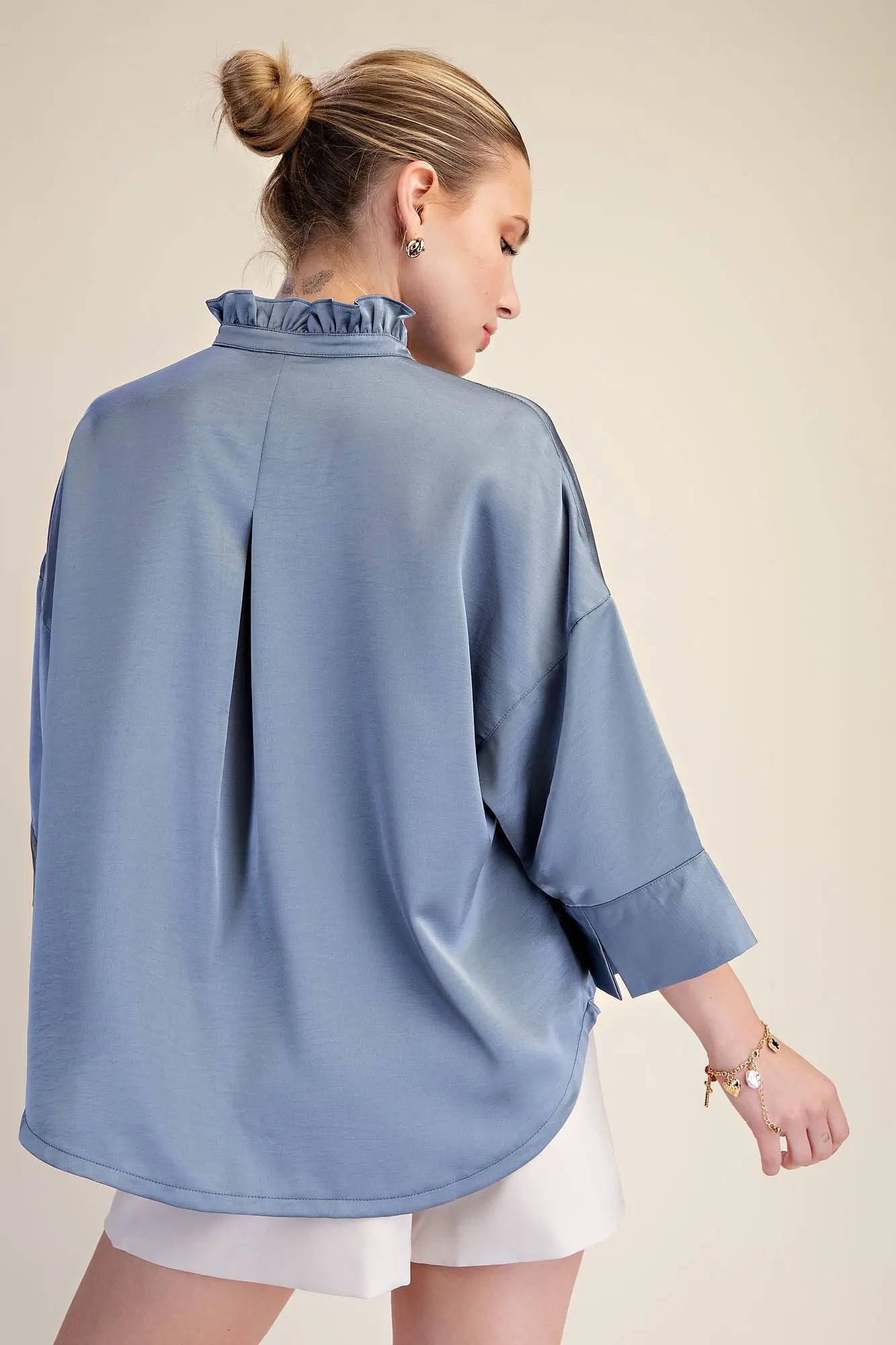 Slate V-neck Wide Sleeves Metal Button Down Shirt