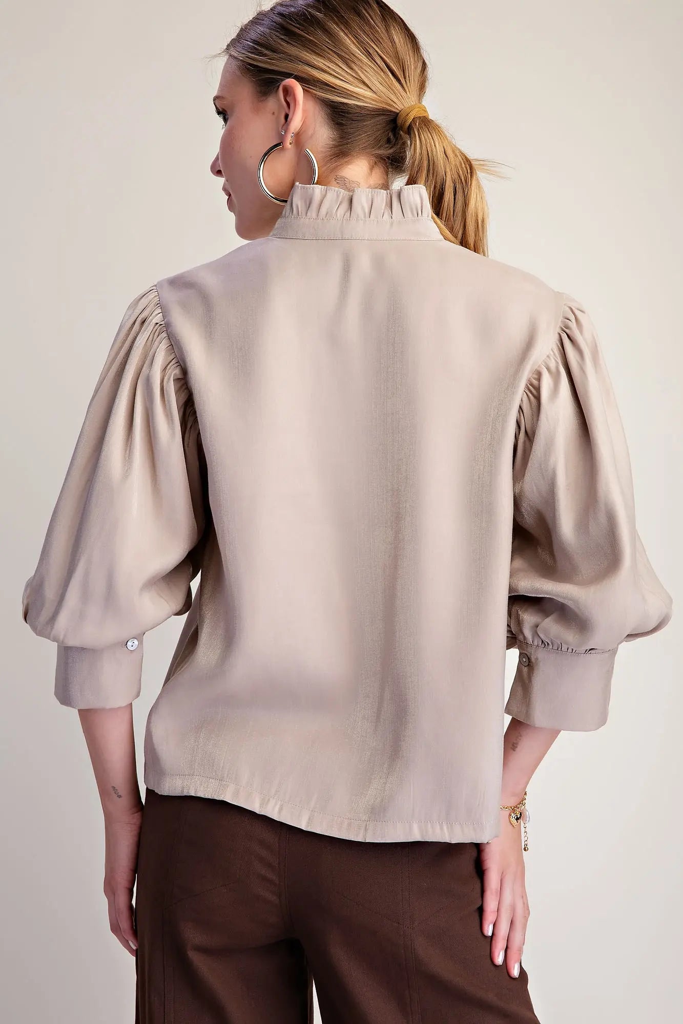 Ruffle Neck Puff Sleeve Button Down Blouse