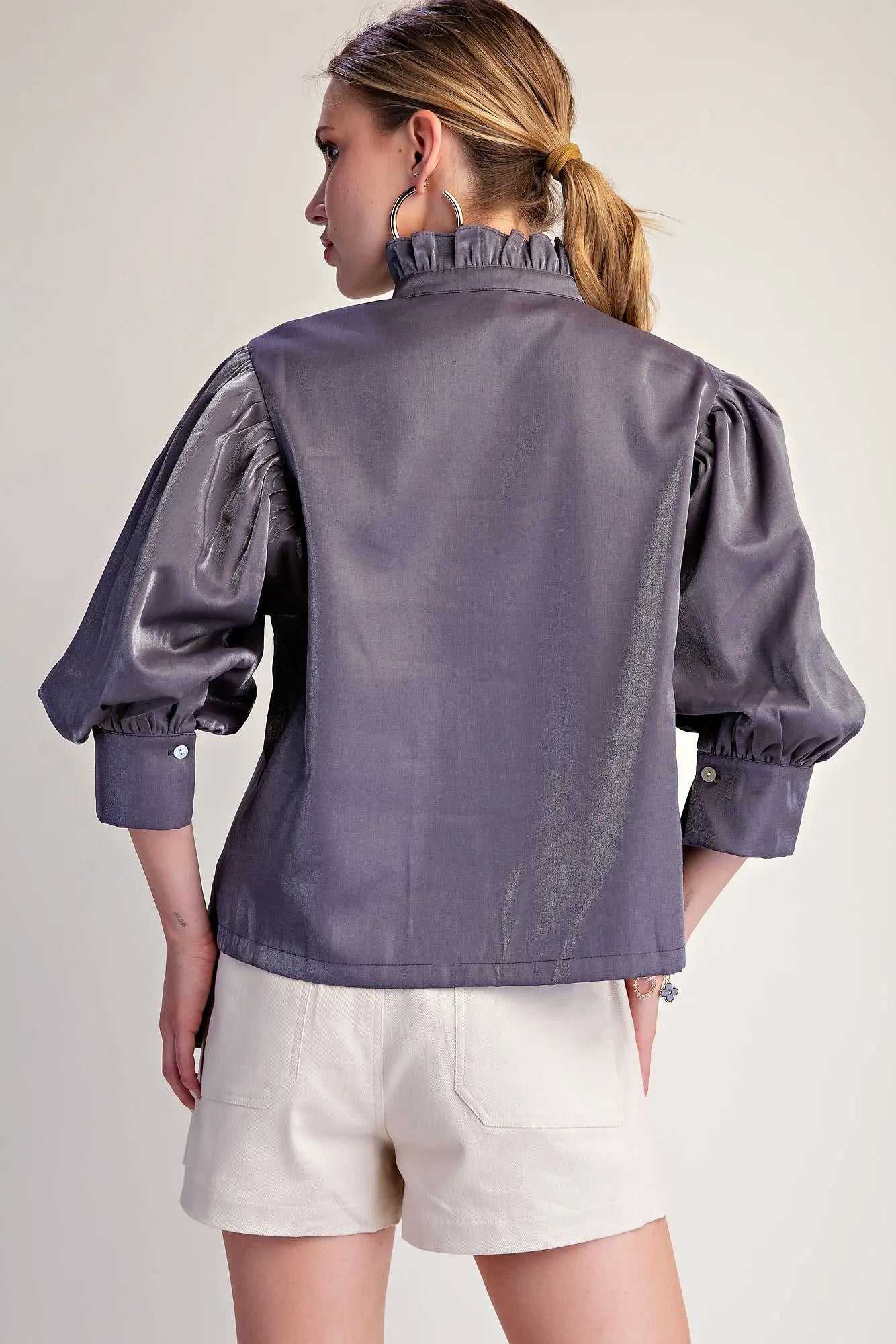 Grey Ruffle Neck Puff Sleeve Button Down Blouse