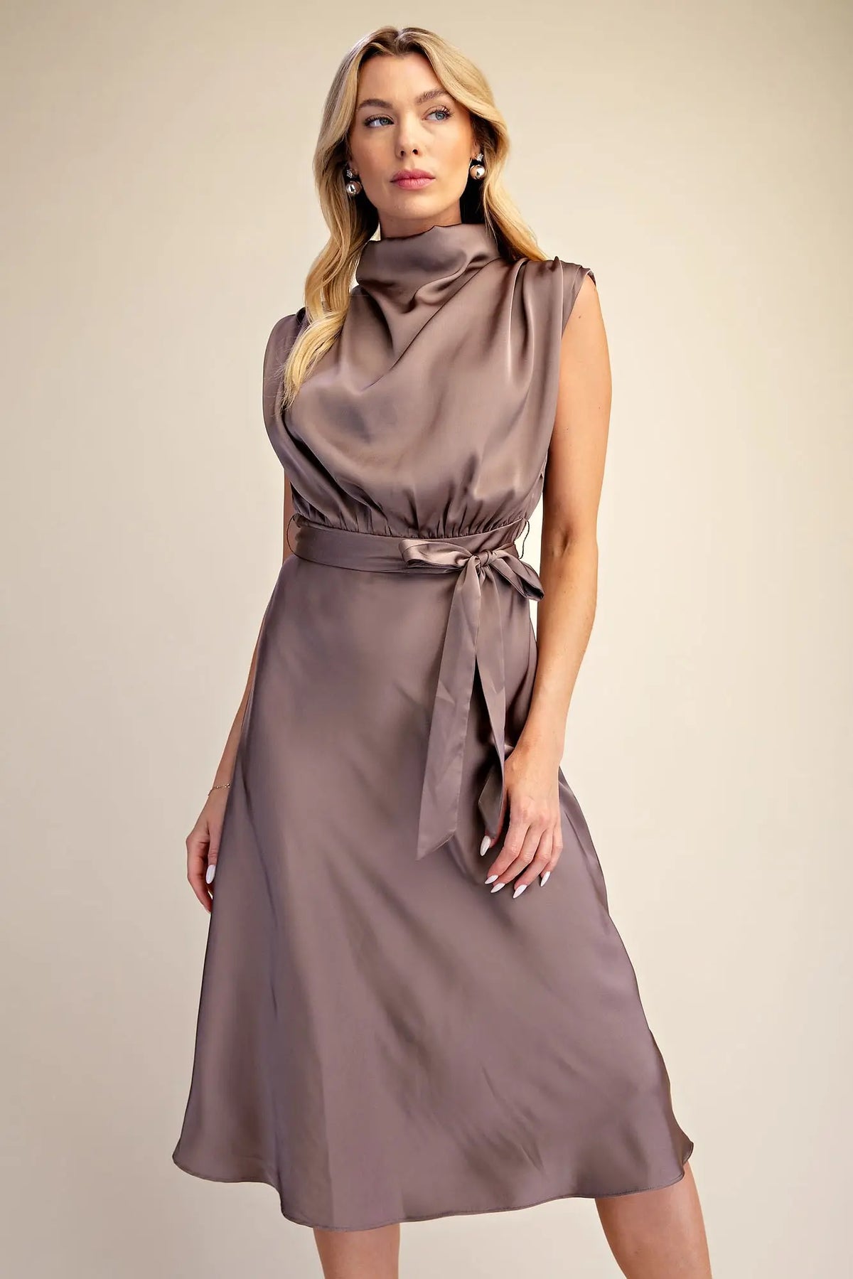 Mocha Waist Tie Sleeveless Midi Dress with Cowl Neck