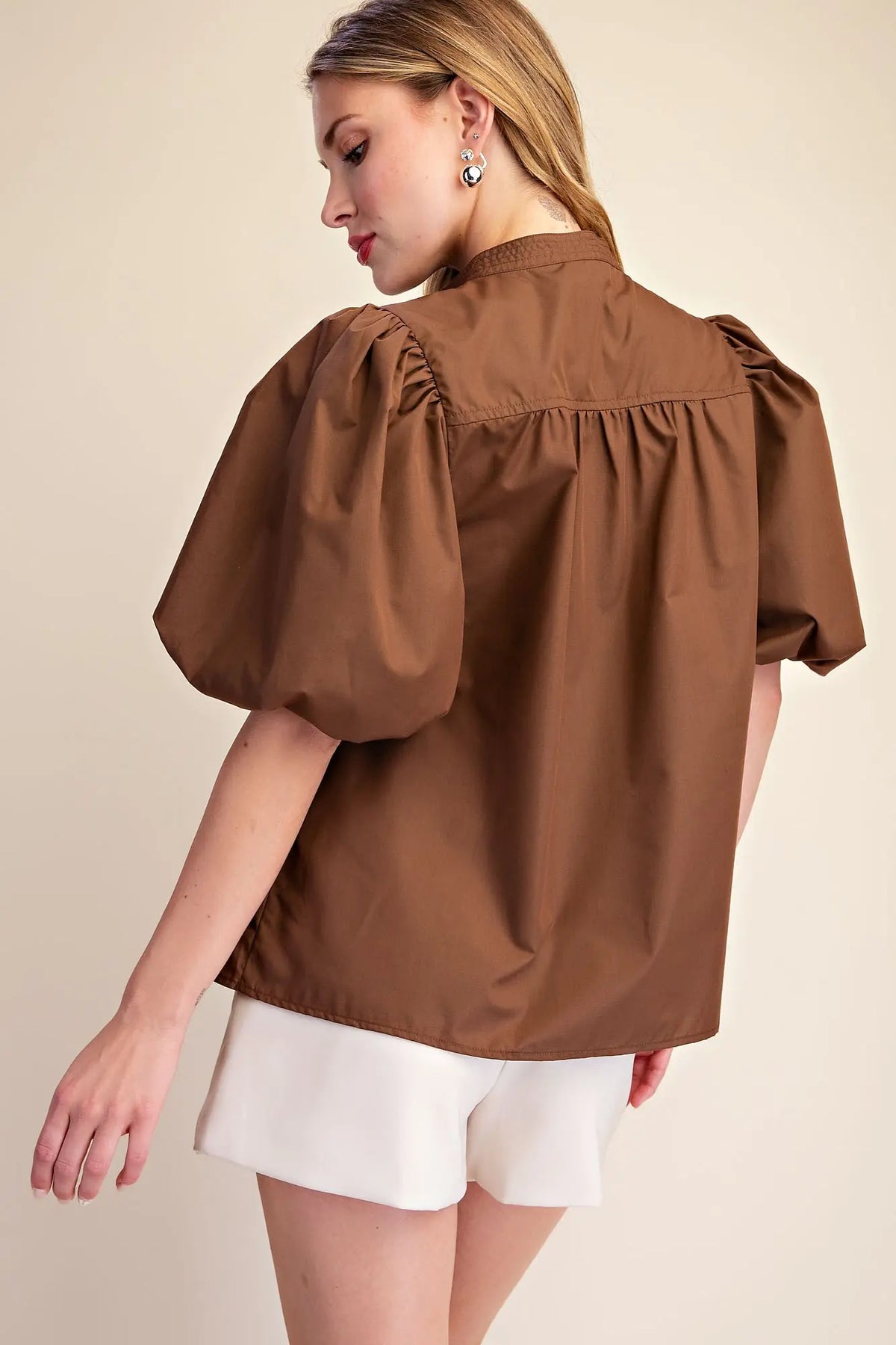 Brown Bubble Sleeve V-Neck Stand Collar Shirt