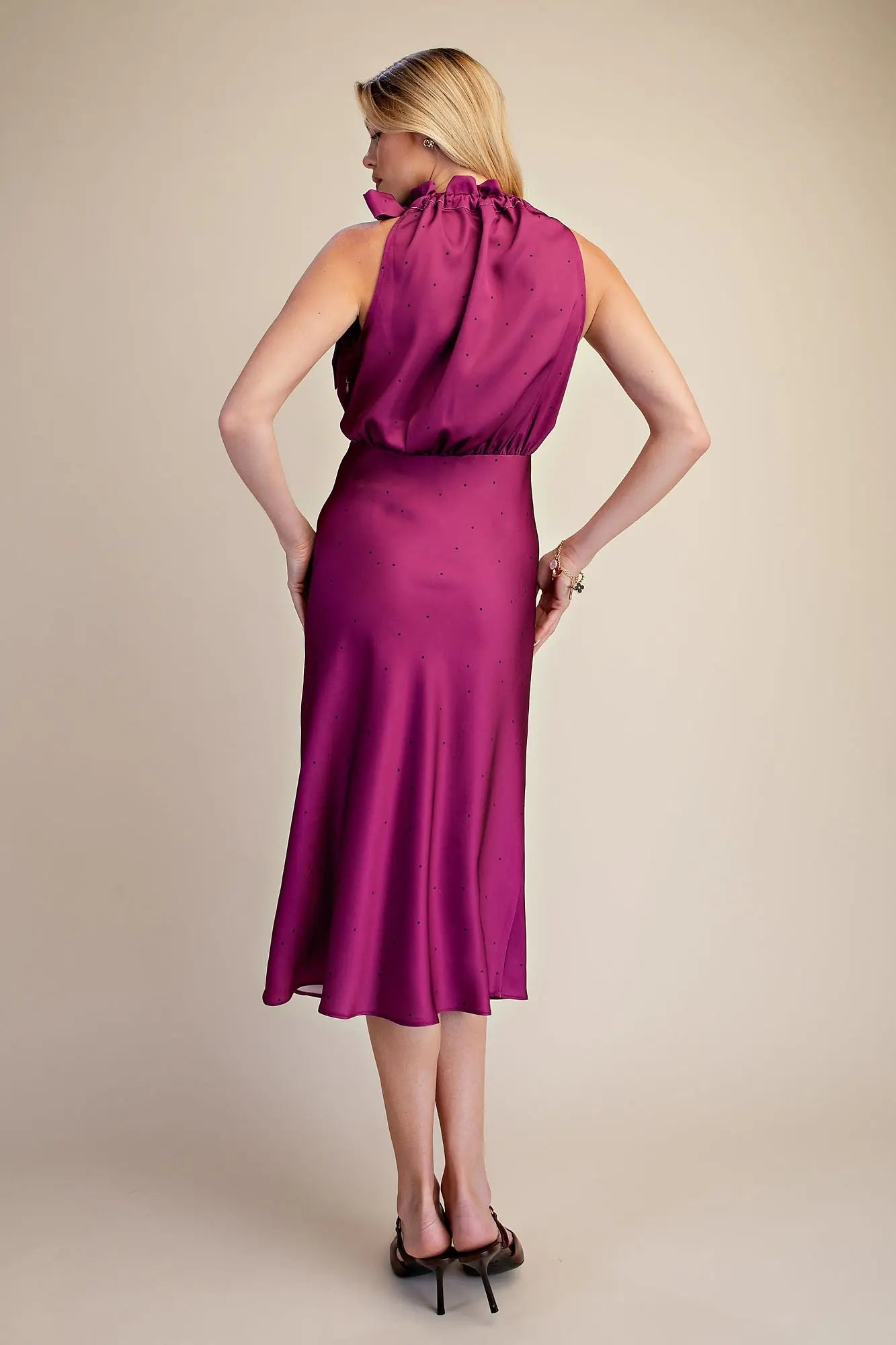 Plum Ruffle Tie Neck Sleeveless Polka Dot Midi Dress