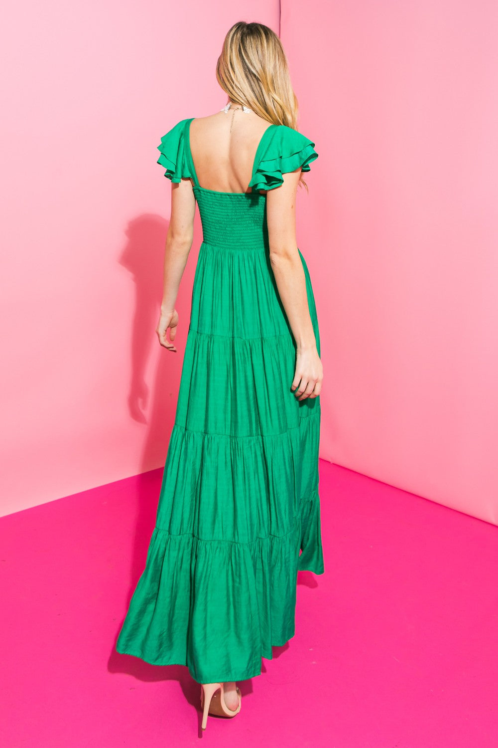 Green ruffled sleeve maxi