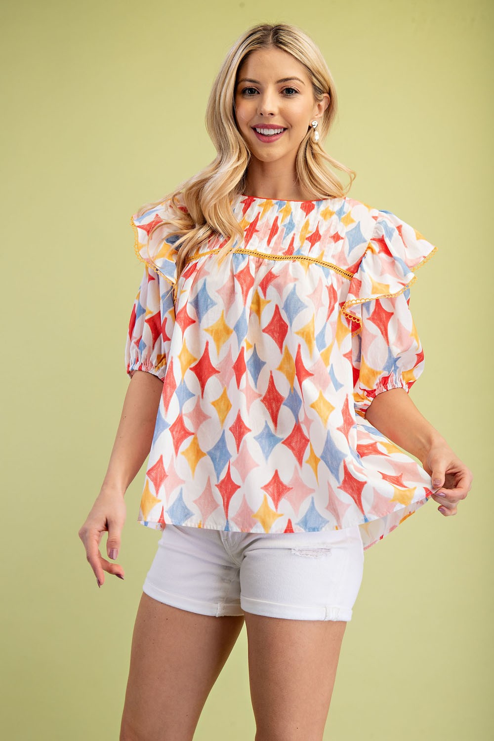 Pleated Multi Diamond Print Top