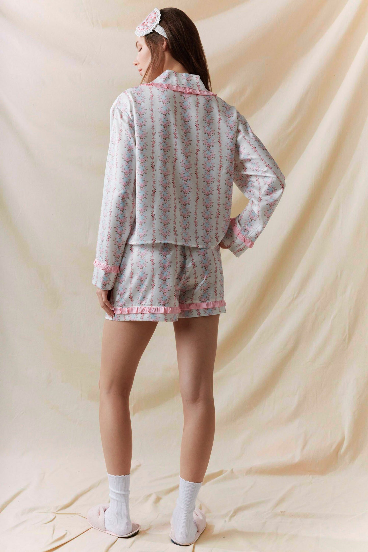 Satin Floral Ruffle Front Tie PJ Set