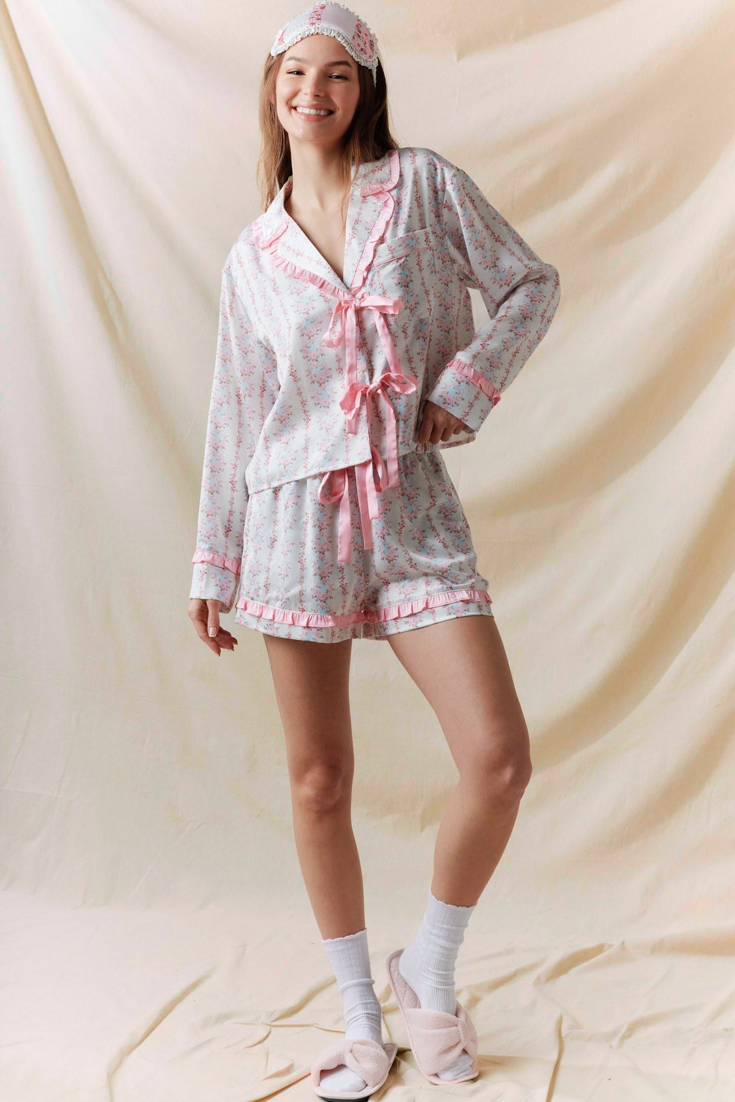 Satin Floral Ruffle Front Tie PJ Set