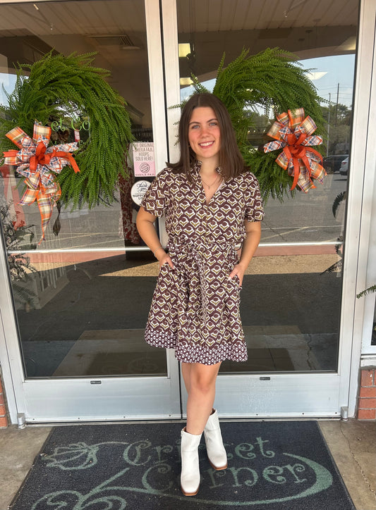 Brown Floral Top Stitch Short Sleeve Dress