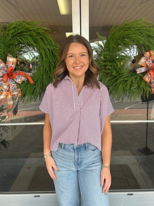 Maroon Stripe Vneck Collar Top