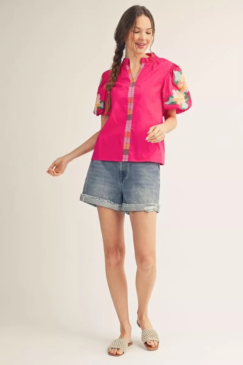 Pink short puff sleeves notched v neck top