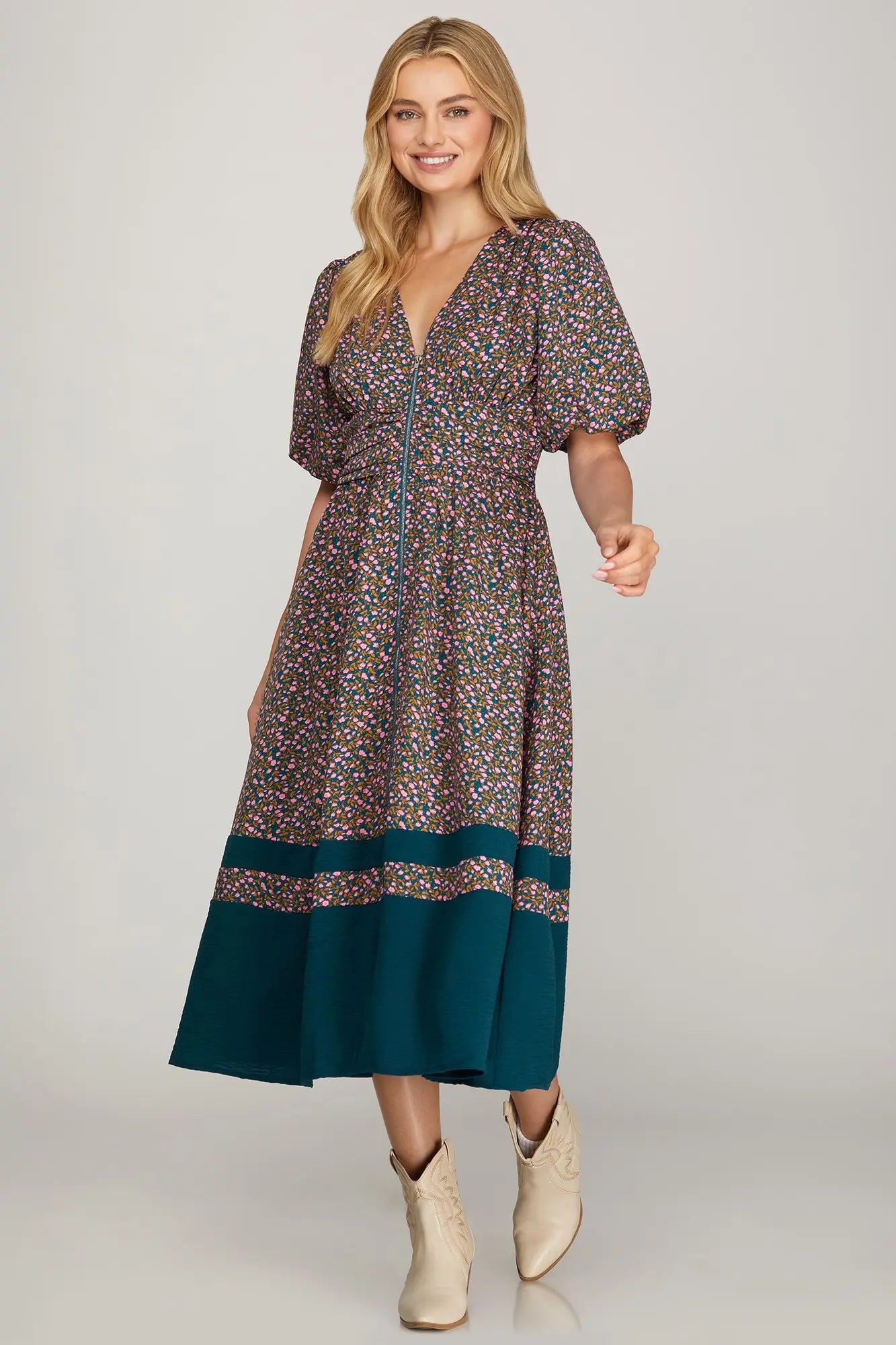 TEAL BUBBLE SLEEVE FRONT ZIP PRINTED MIDI DRESS