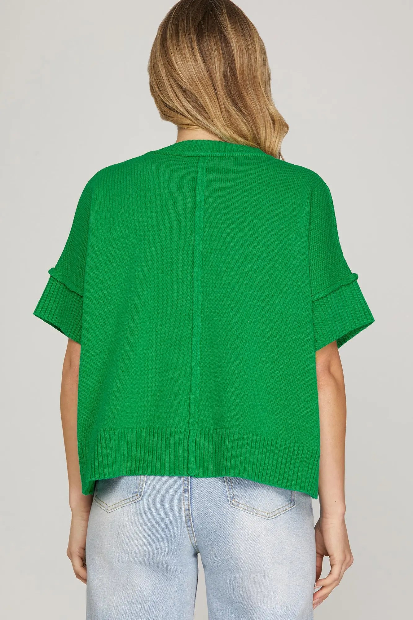 GREEN DROP HALF SLEEVE CREW NECK SWEATER TOP