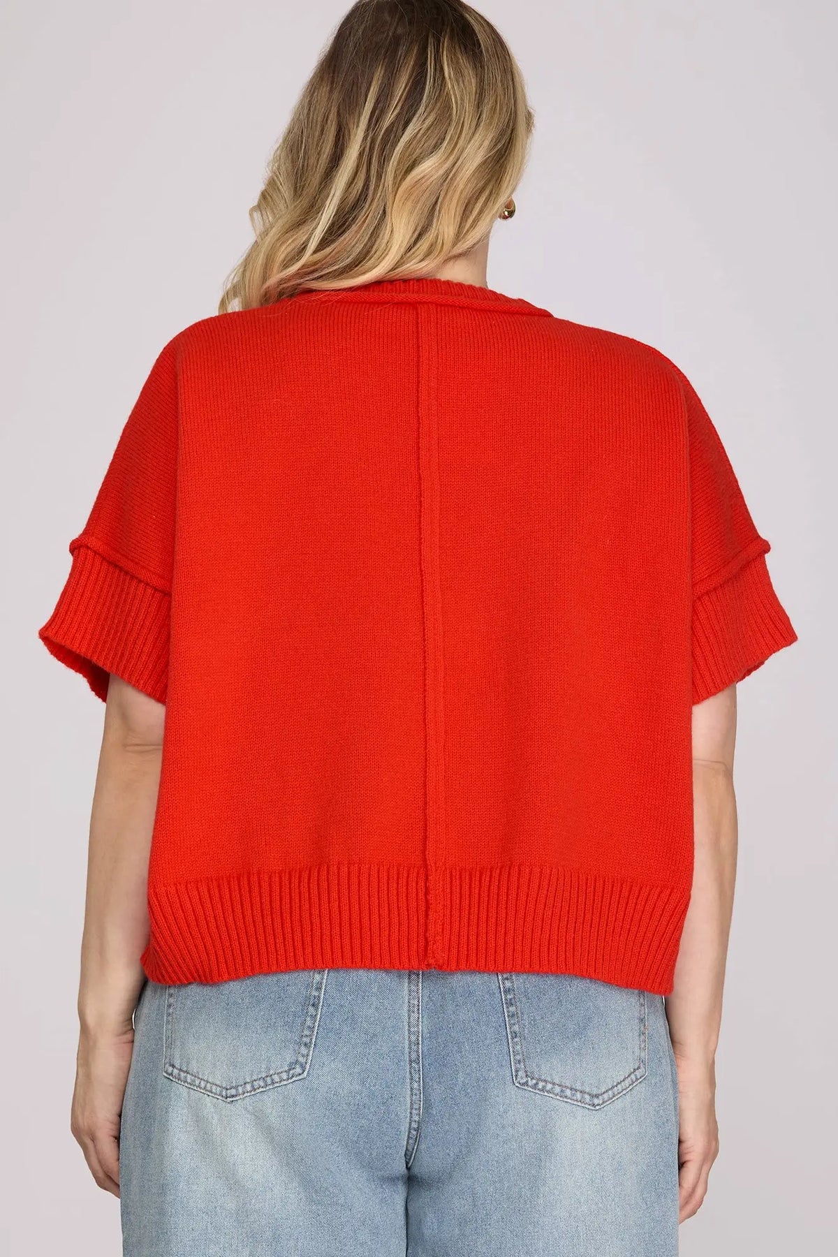 Red half sleeve crew neck sweater +
