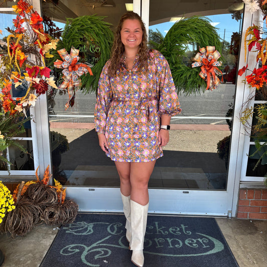 Tan & Purple Floral Satin Elastic Neck Dress