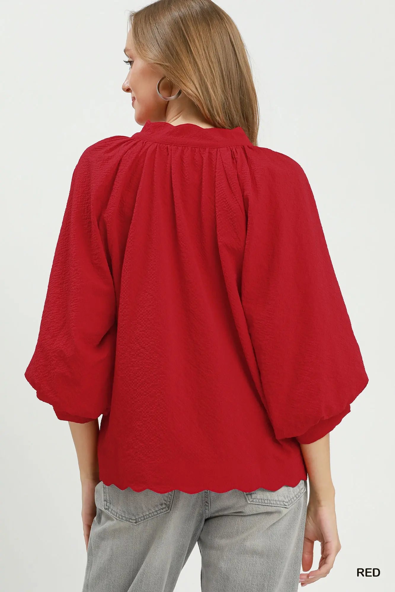 Red Split V Neck Top with Balloon Sleeves