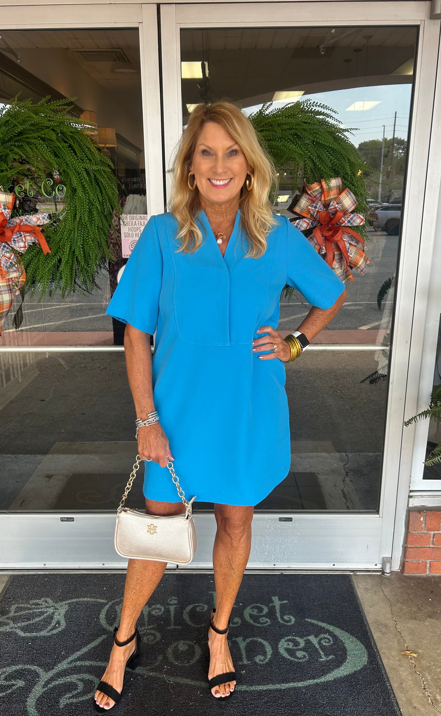Turquoise Front Yoked 3/4 Sleeve Dress