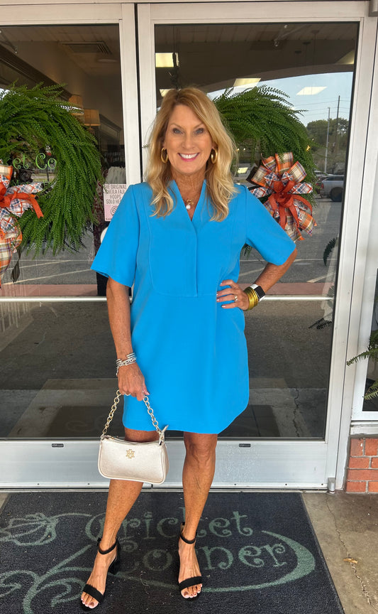 Turquoise Front Yoked 3/4 Sleeve Dress