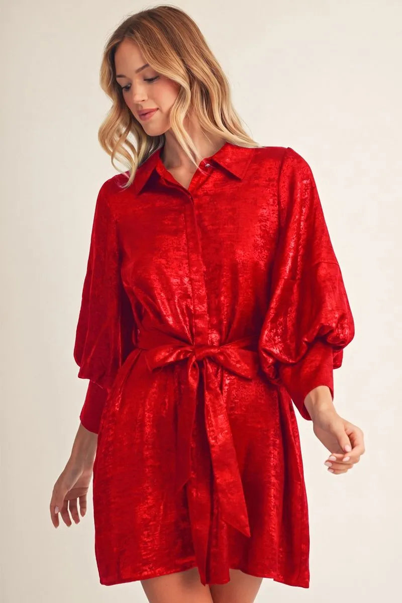 Red 3/4 bishop sleeves button down metallic dress