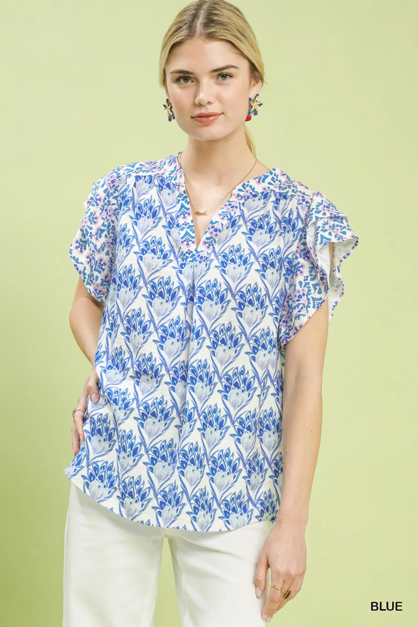 Blue Vneck tiered top w/ double frill sleeves