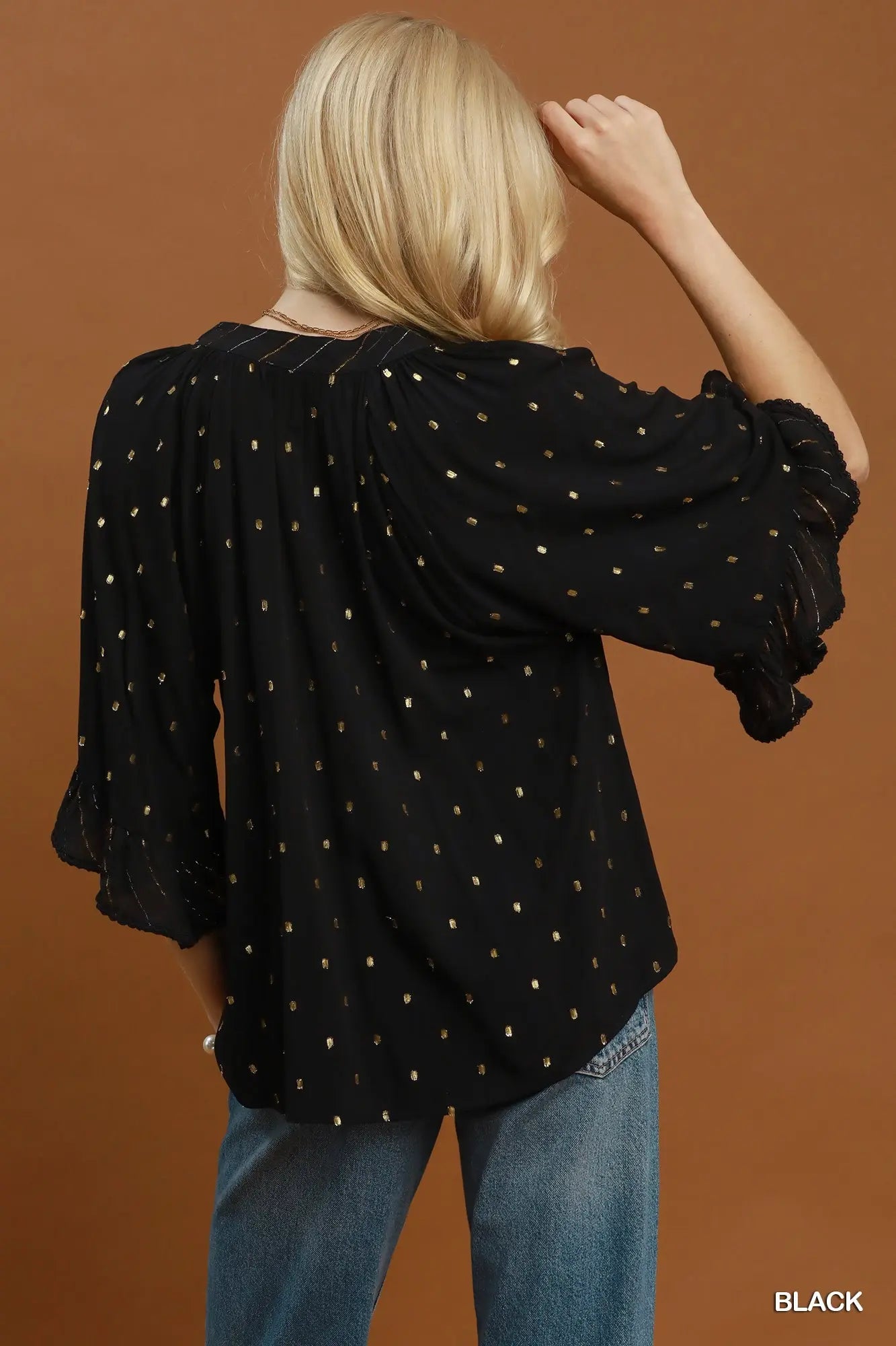 Black V-Neck Solid Top with Gold Dot Accents