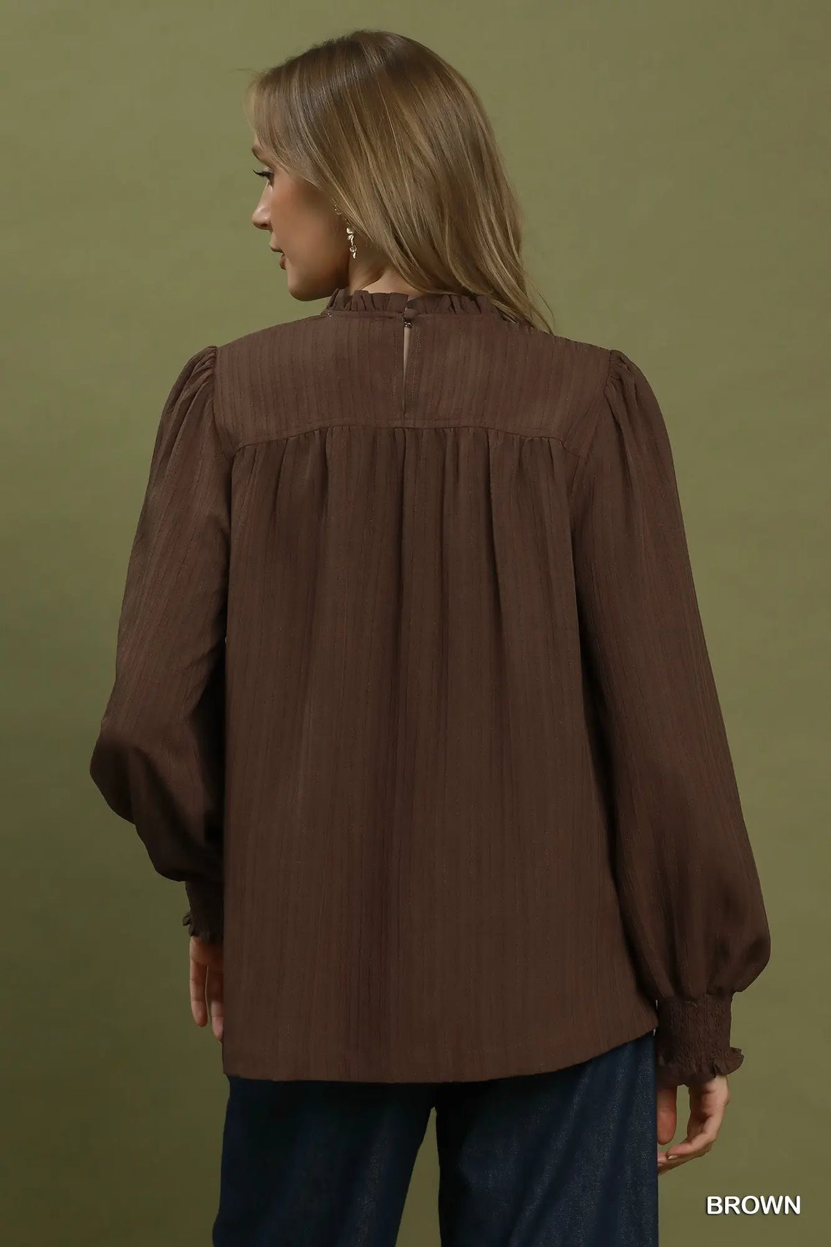 Brown Ruffle Detail Long Sleeve Blouse