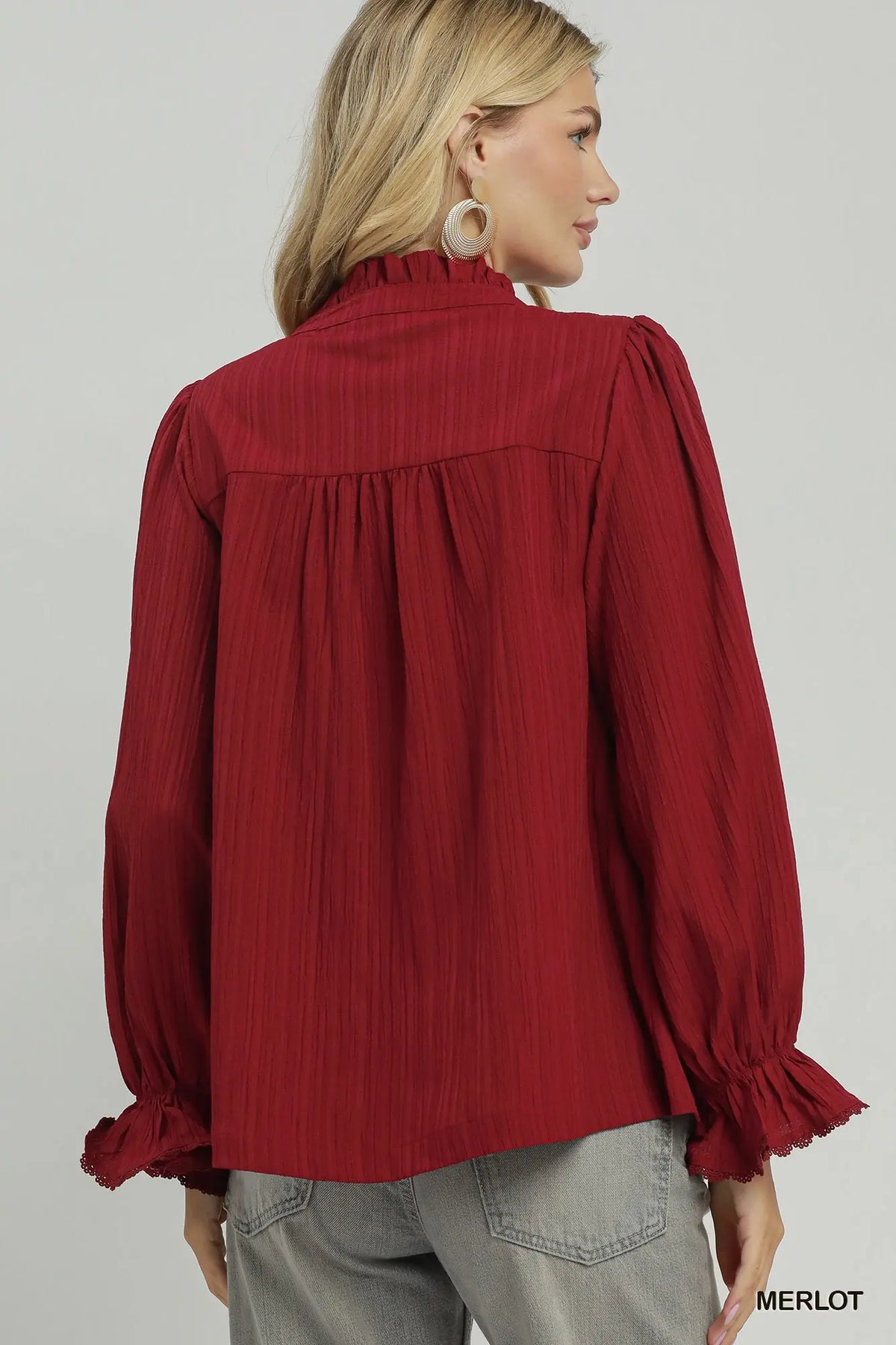 Merlot Smocked Yoke Ruffle Cuff Button-Down Blouse