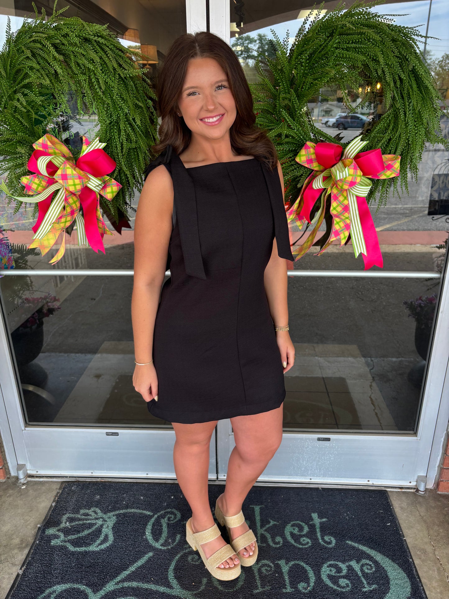 Straight Neckline Tie Shoulder Black Dress