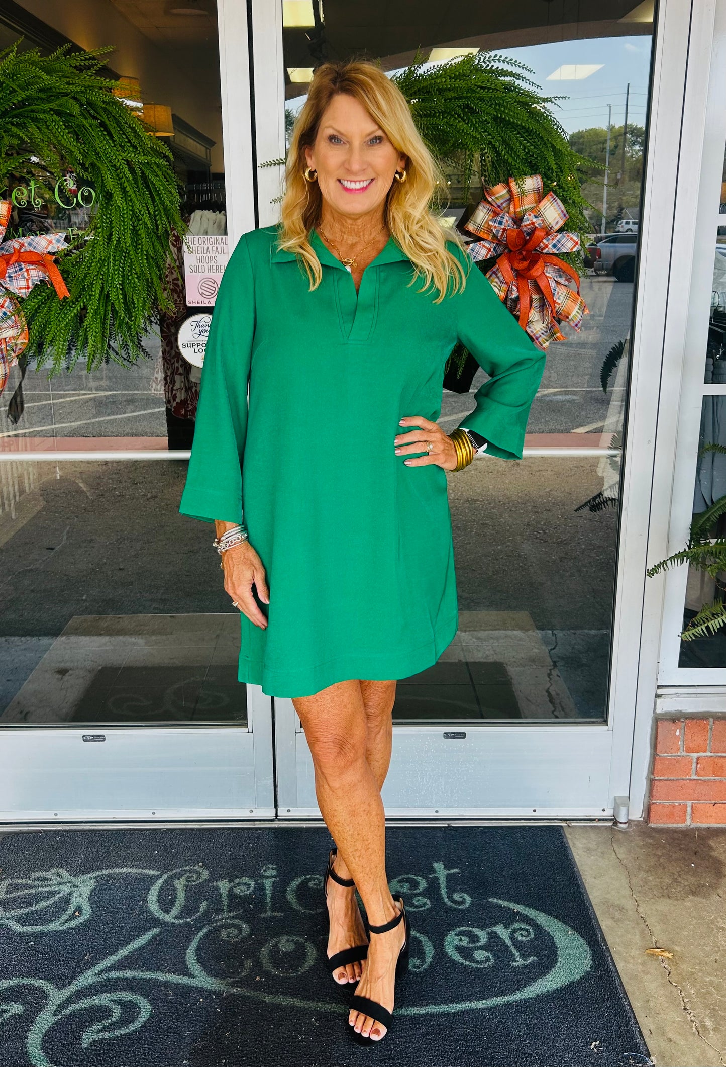 Green Placket Bell Sleeve Dress