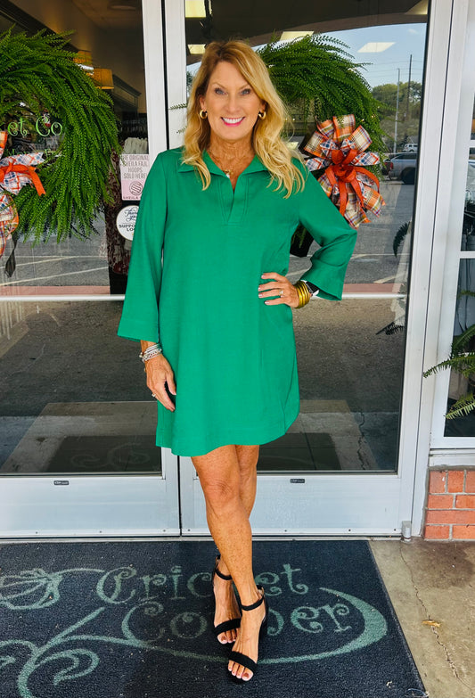 Green Placket Bell Sleeve Dress