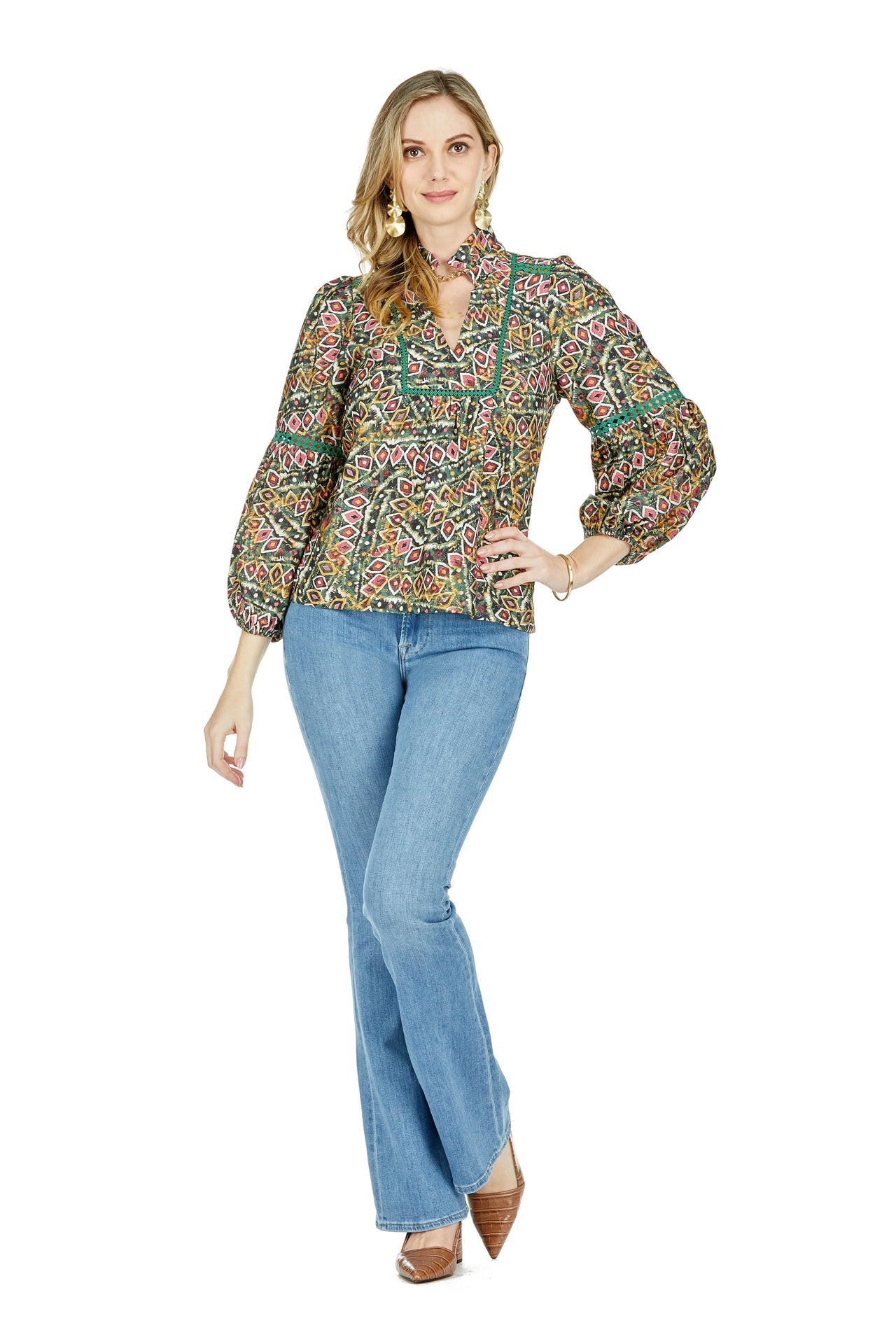 Long Slv Grn/Blk Diamond Print Peasant Top