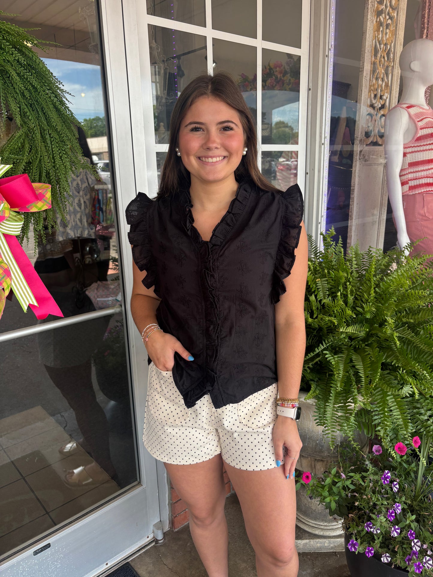 Black Eyelet Sleeveless Ruffle Top