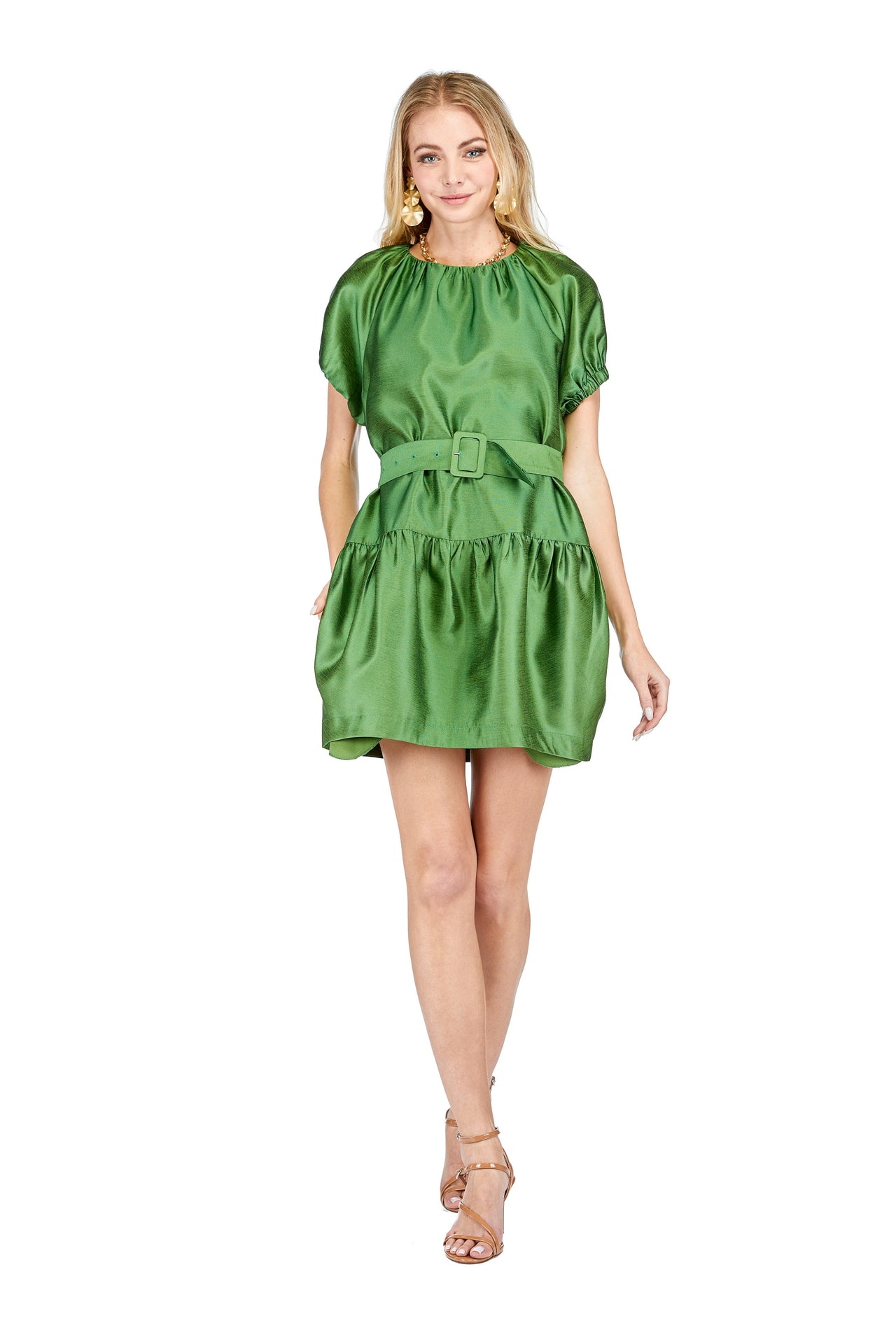 Green Shimmer Puff Sleeve Belted Dress