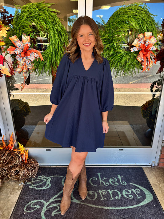 Navy Lined Textured High Neck Mini Dress +
