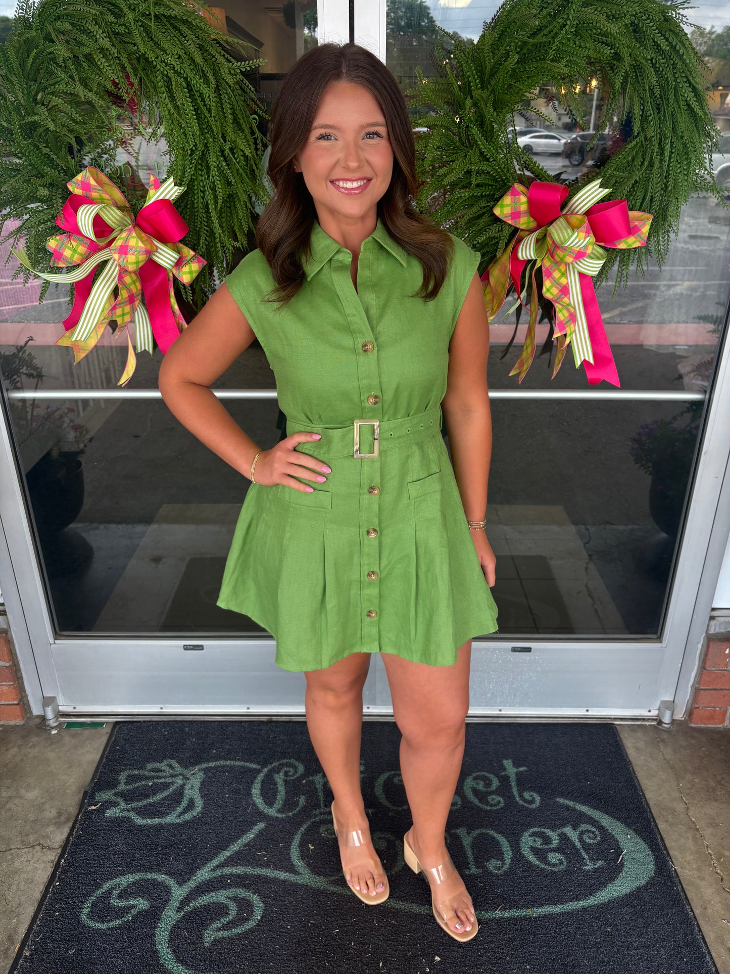 Green Solid Linen Belted Shirt Dress