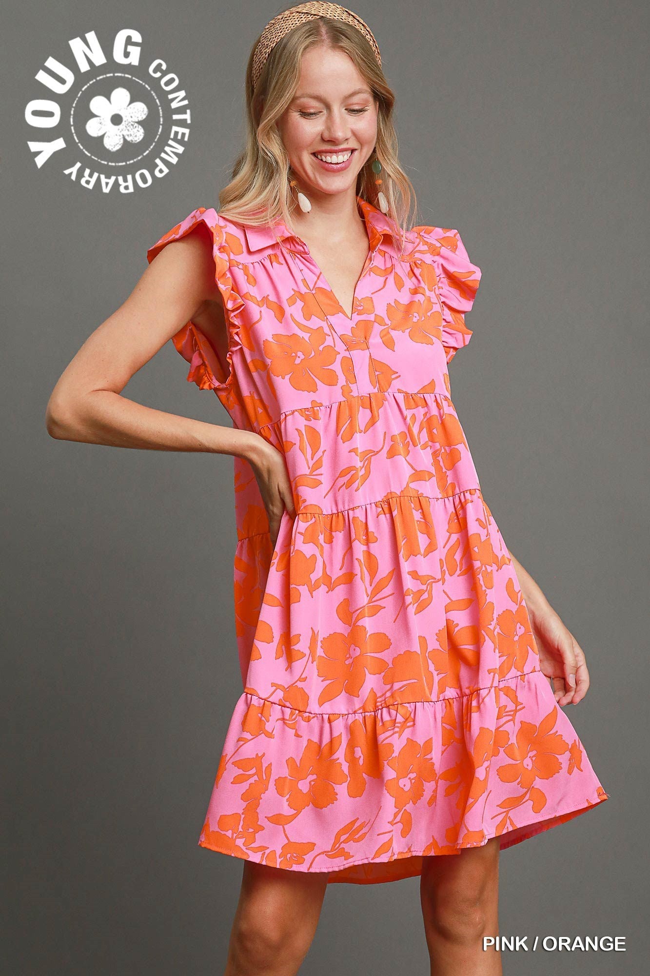 Pink/Orange Floral Flutter Sleeve Tier Dress