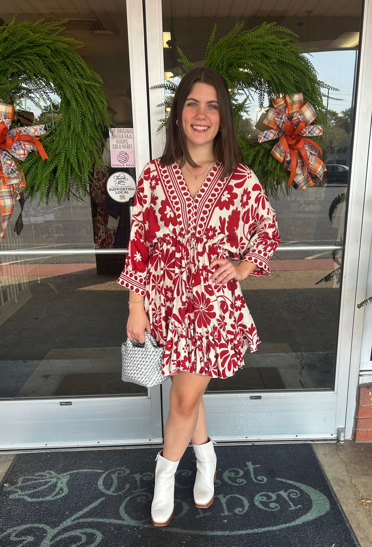 Red & Cream Floral L/S Vneck Dress