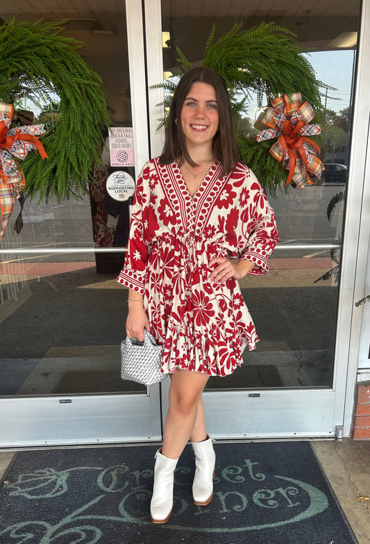 Red & Cream Floral L/S Vneck Dress