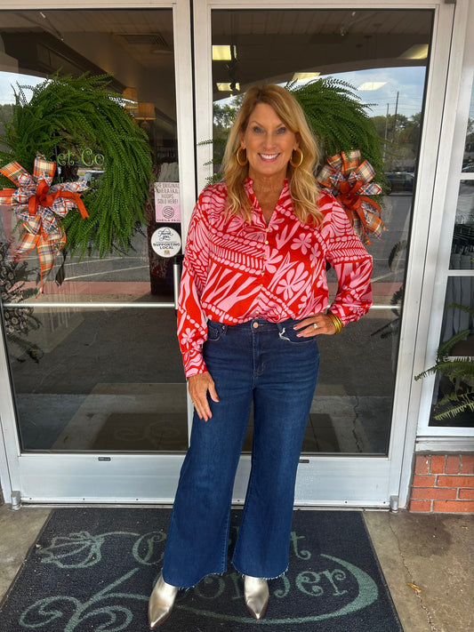 Red & Pink Hibiscus Print Front Button Top