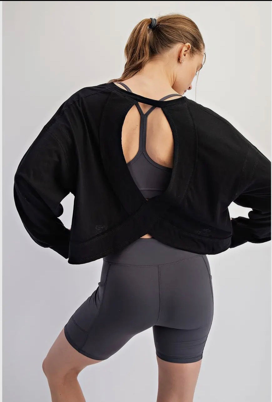 Cotton long sleeve open back top