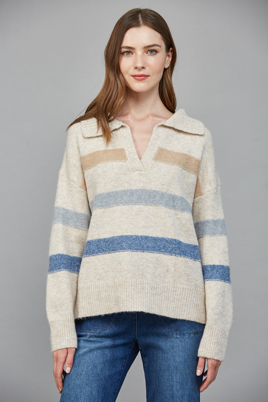 Oatmeal & blue collared sweater