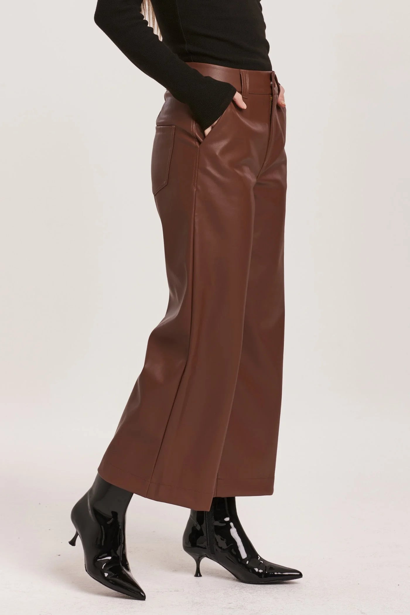 Audrey-Brown Pleather Crop High Rise Wide Leg Pant