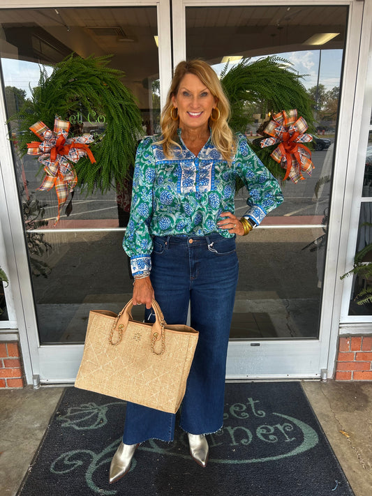 Blue & Green Floral Half Placket Top