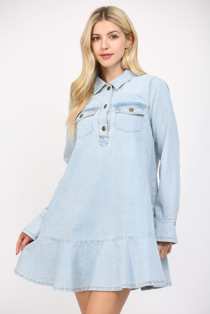 Flounce Hem Long Sleeve Light Denim Dress