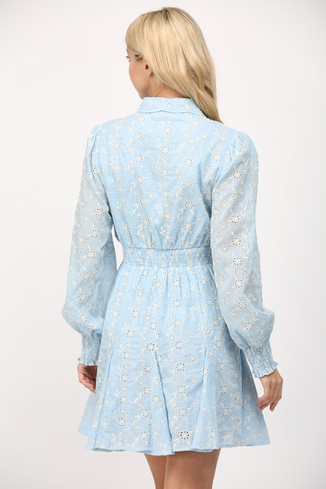 Blue Eyelet Smock Waist Dress